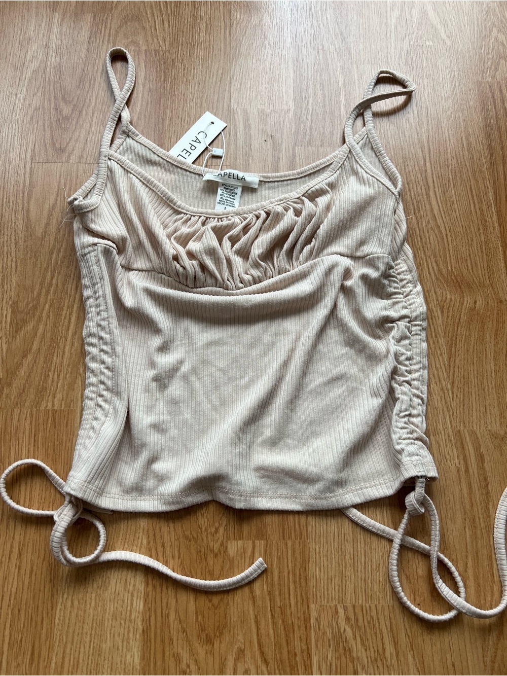 Women's Beige Ruched Ribbed Tank Top - Picture 2 of 3